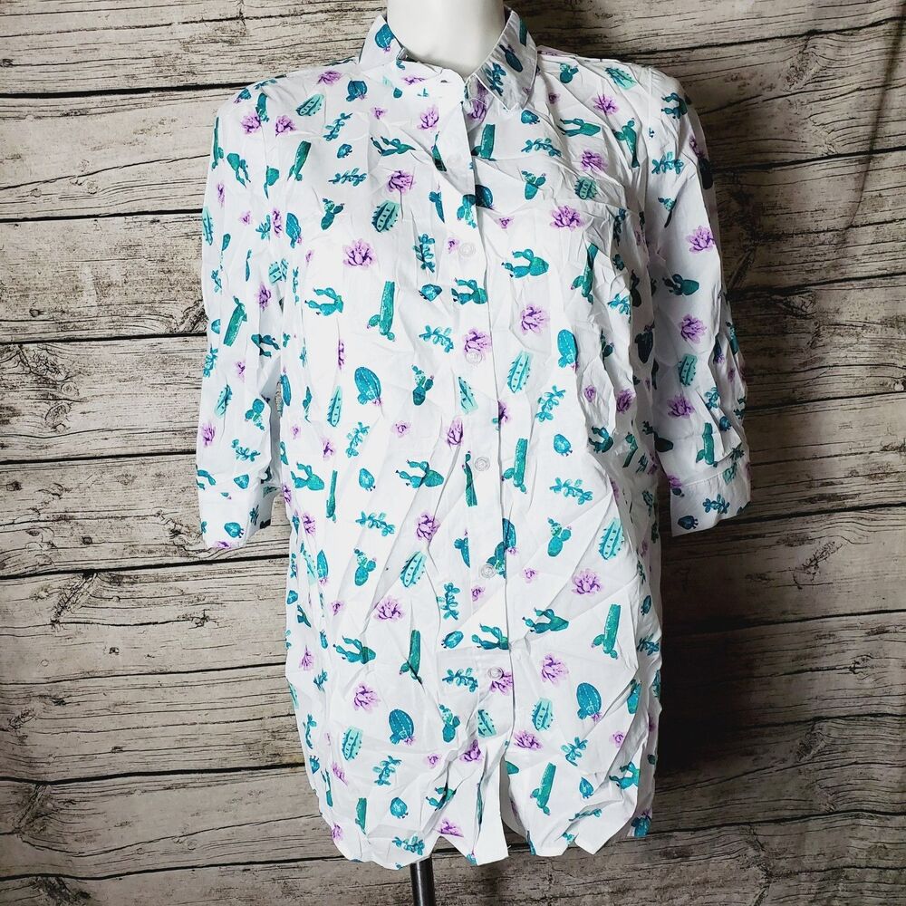 Woman Within Blouse 18/20 White Cotton Shirt Cactus Southwestern Button Top